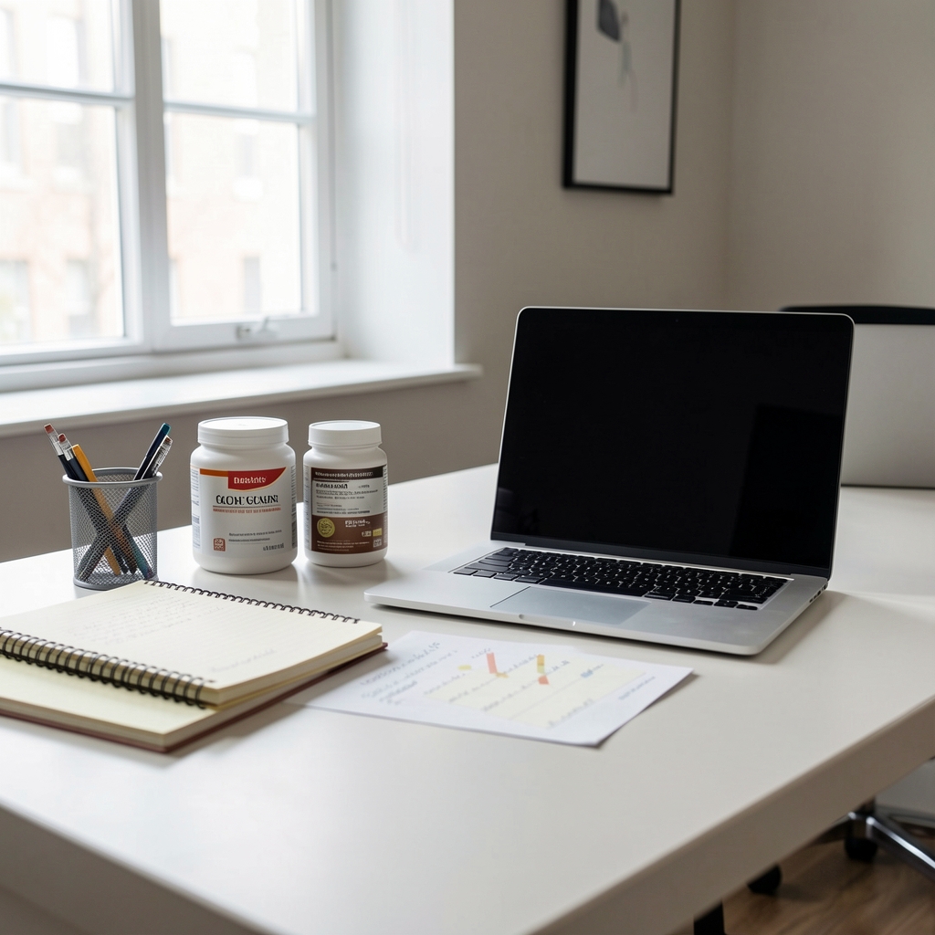 Editorial workspace with notebooks, supplement containers, and a laptop on a clean desk, daytime natural light