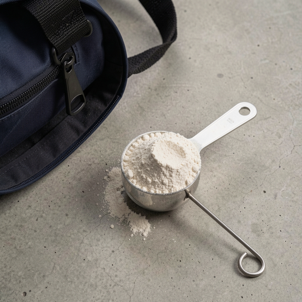 Creatine powder in a measuring scoop next to a gym bag, flat lay on a neutral concrete surface