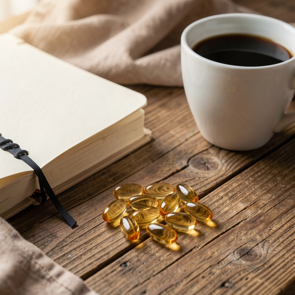 Omega-3 fish oil daily supplements arranged on a wooden surface beside a journal and morning coffee cup